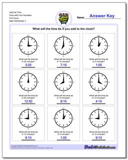 Add the Time Face with Four Numbers Full Hours Worksheet