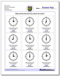 Add the Time Face with Four Numbers Full Hours Worksheet