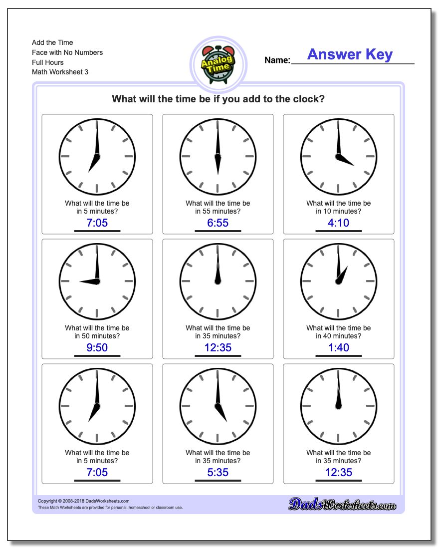 Add the Time Face with No Numbers Full Hours Worksheet