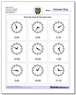 Telling Analog Time Draw the Face with All Numbers Five Minute Intervals Worksheet