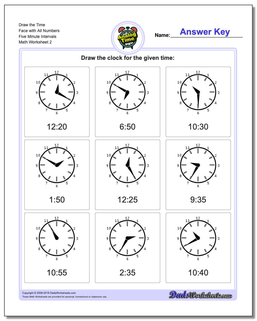 Draw the Time Face with All Numbers Five Minute Intervals www.dadsworksheets.com/worksheets/telling-analog-time.html Worksheet