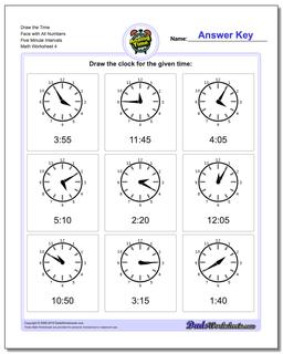 Draw the Time Face with All Numbers Five Minute Intervals Worksheet