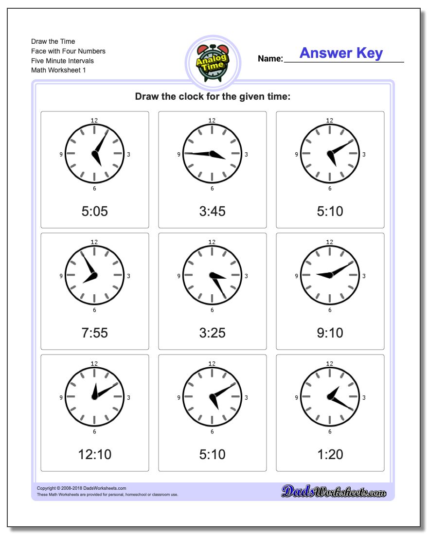 Telling Analog Time Draw the Face with Four Numbers Five Minute Intervals Worksheet