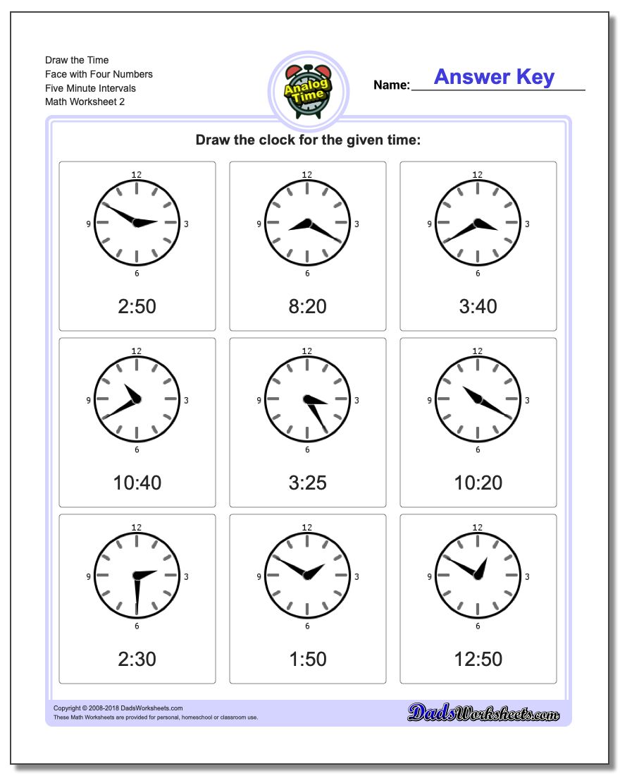 Draw the Time Face with Four Numbers Five Minute Intervals www.dadsworksheets.com/worksheets/telling-analog-time.html Worksheet