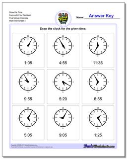 Draw the Time Face with Four Numbers Five Minute Intervals Worksheet