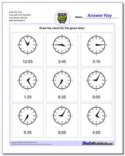 Draw the Time Face with Four Numbers Five Minute Intervals Worksheet