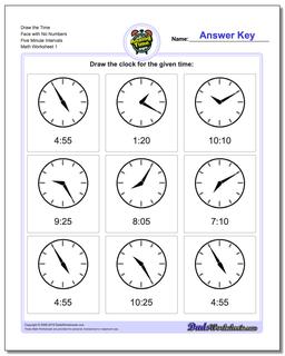 Telling Analog Time Draw the Face with No Numbers Five Minute Intervals Worksheet