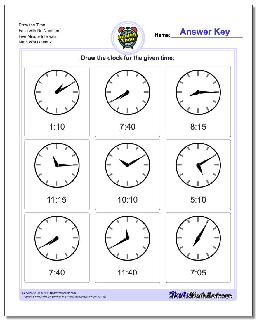 Draw the Time Face with No Numbers Five Minute Intervals www.dadsworksheets.com/worksheets/telling-analog-time.html Worksheet