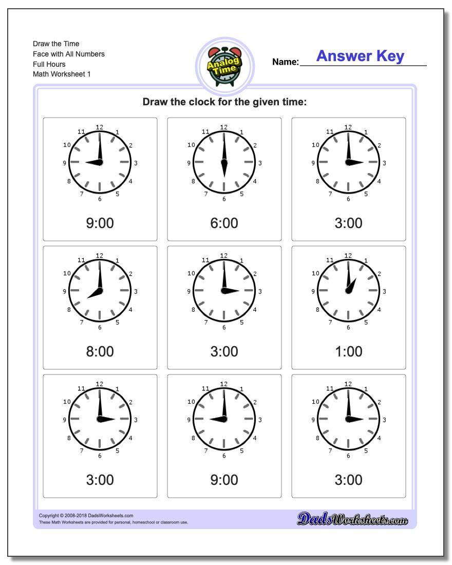 Telling Analog Time Draw the Face with All Numbers Full Hours Worksheet
