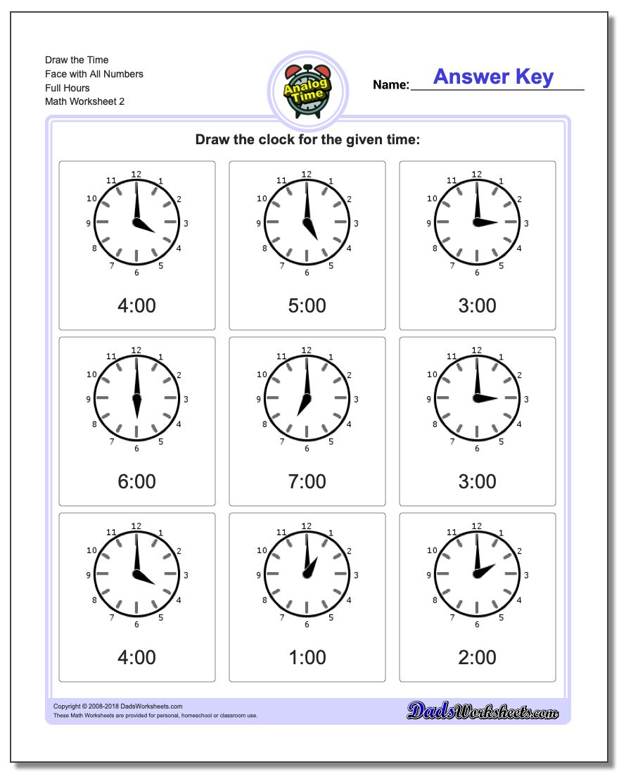 Draw the Time Face with All Numbers Full Hours www.dadsworksheets.com/worksheets/telling-analog-time.html Worksheet