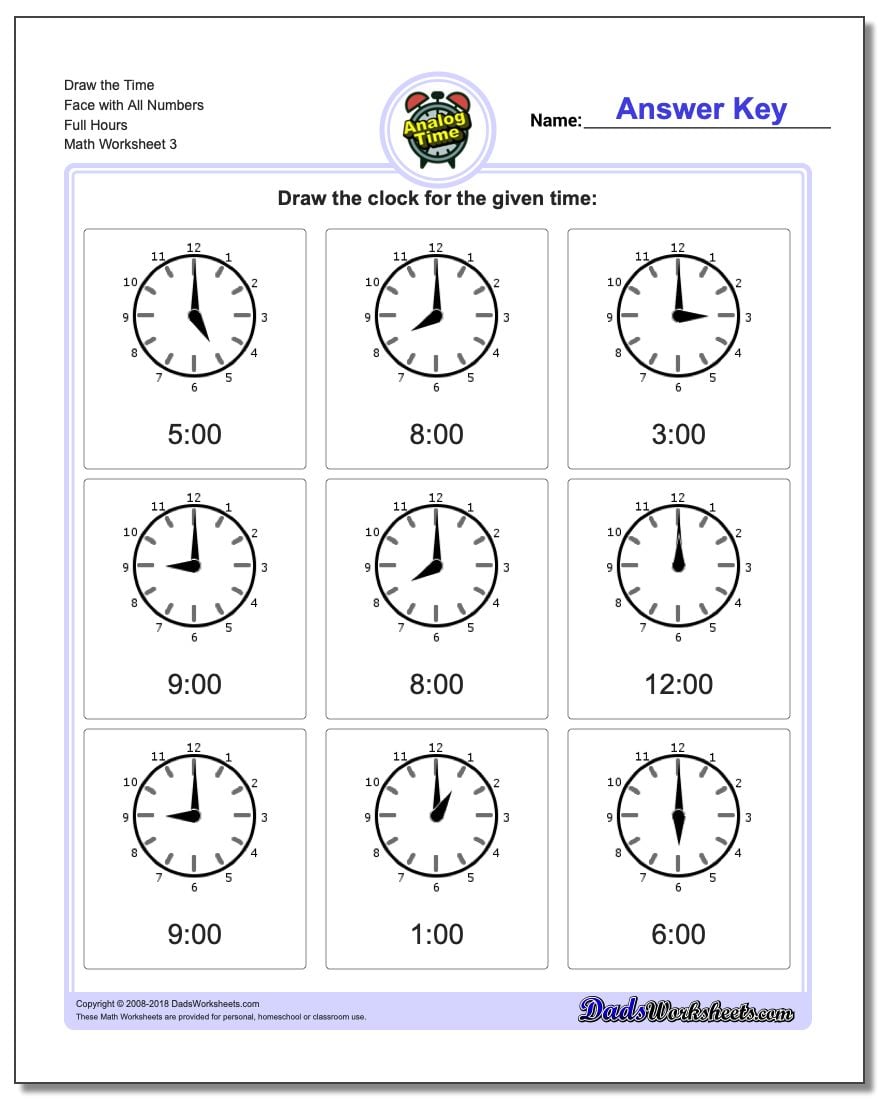Draw the Time Face with All Numbers Full Hours Worksheet