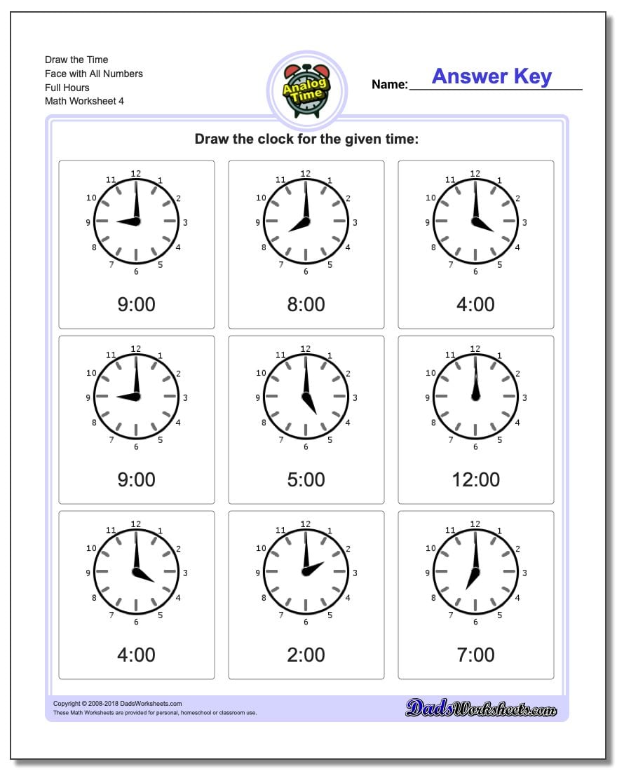 Draw the Time Face with All Numbers Full Hours Worksheet