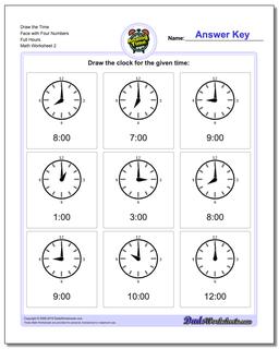 Draw the Time Face with Four Numbers Full Hours /worksheets/telling-analog-time.html Worksheet
