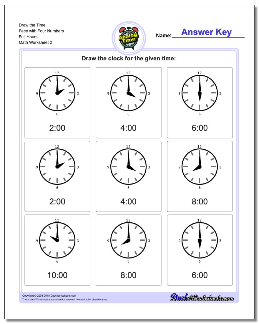 Draw the Time Face with Four Numbers Full Hours www.dadsworksheets.com/worksheets/telling-analog-time.html Worksheet