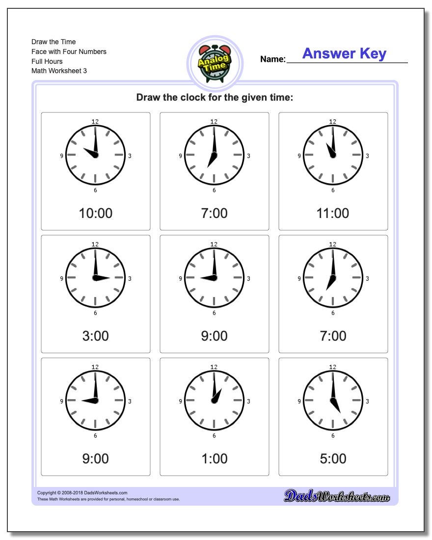 Draw the Time Face with Four Numbers Full Hours Worksheet