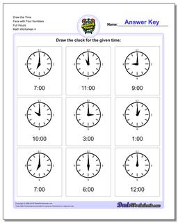 Draw the Time Face with Four Numbers Full Hours Worksheet