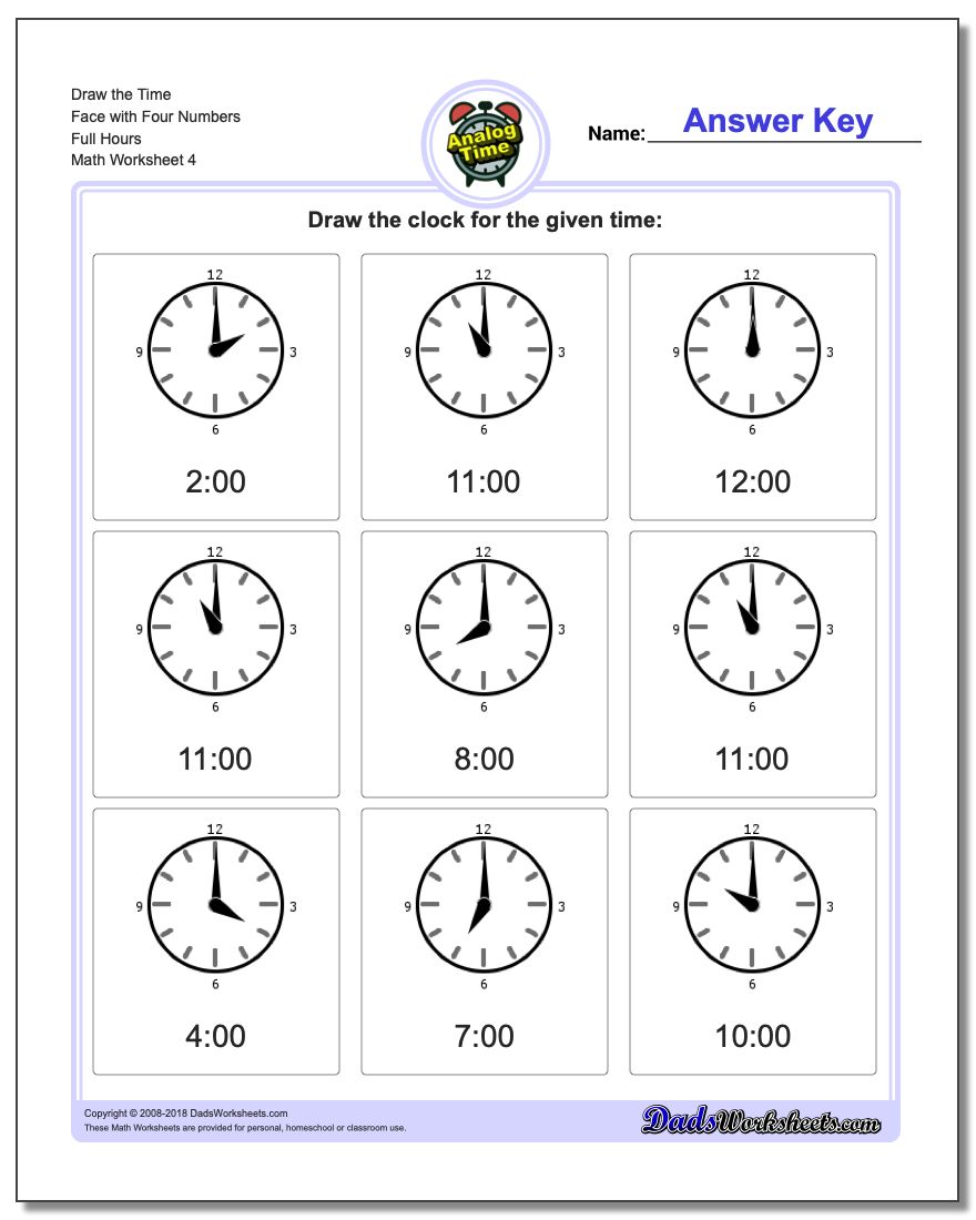 Draw the Time Face with Four Numbers Full Hours Worksheet