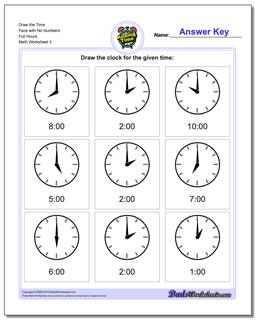 Draw the Time Face with No Numbers Full Hours Worksheet