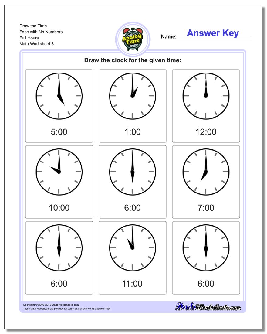 Draw the Time Face with No Numbers Full Hours Worksheet