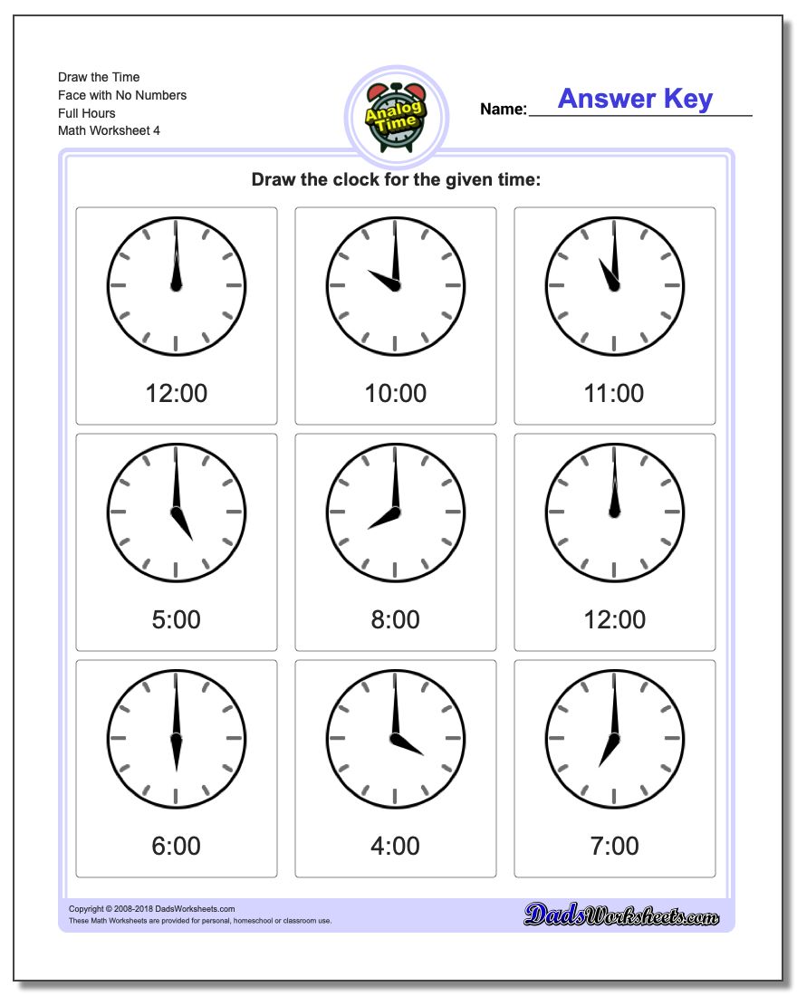 Draw the Time Face with No Numbers Full Hours Worksheet
