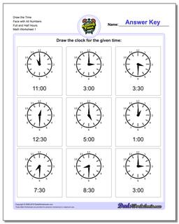Telling Analog Time Draw the Face with All Numbers Full and Half Hours Worksheet