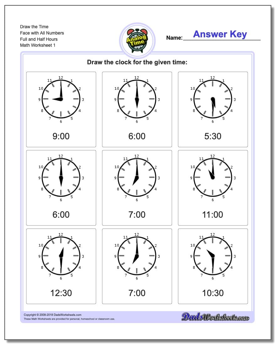 Worksheets Telling Time To The Hour And Half Hour Worksheets full and half hours telling analog time draw the face with all numbers worksheet