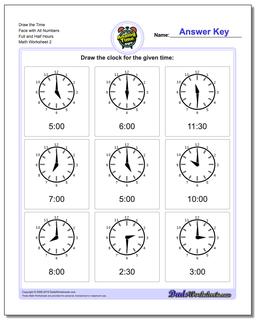Draw the Time Face with All Numbers Full and Half Hours /worksheets/telling-analog-time.html Worksheet