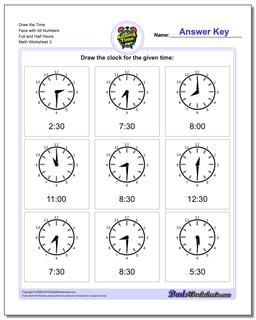 Draw the Time Face with All Numbers Full and Half Hours Worksheet