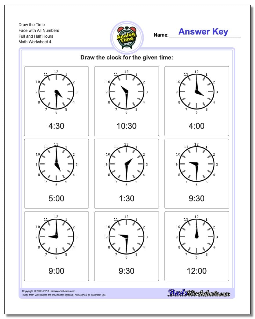 Draw the Time Face with All Numbers Full and Half Hours Worksheet