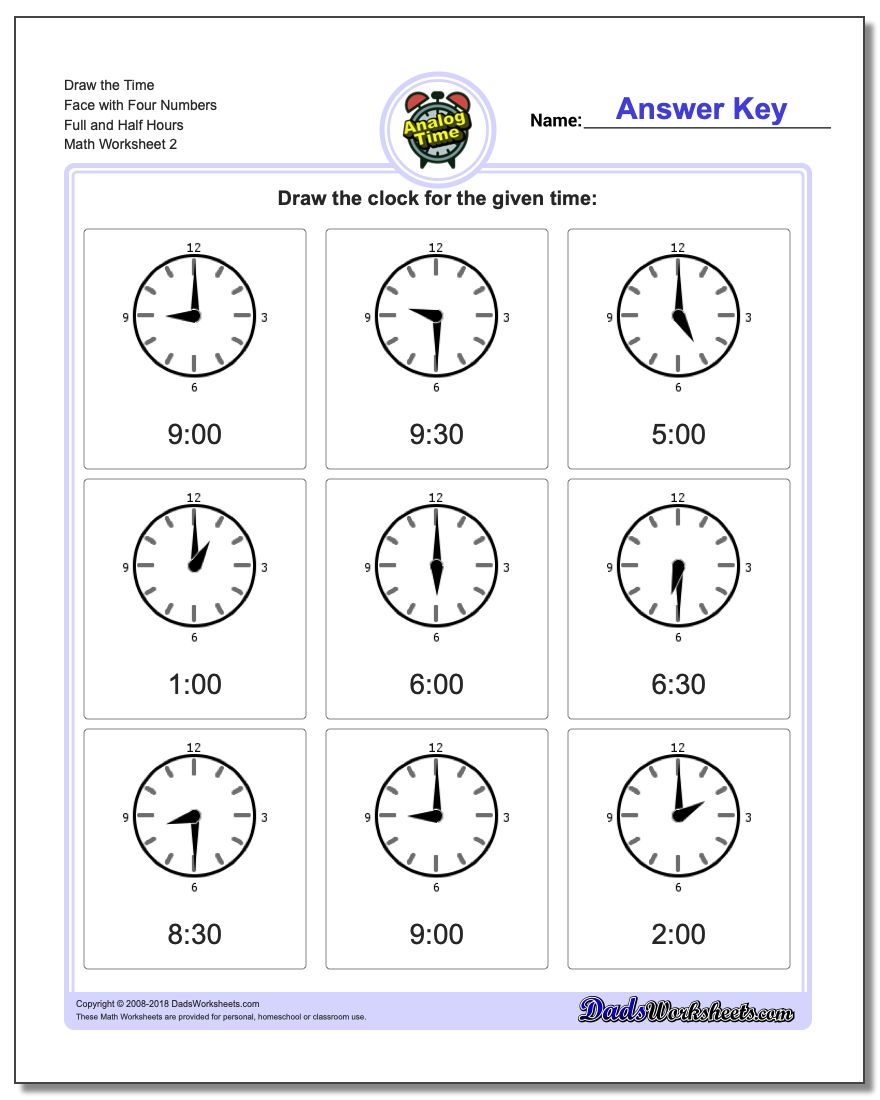 Draw the Time Face with Four Numbers Full and Half Hours www.dadsworksheets.com/worksheets/telling-analog-time.html Worksheet