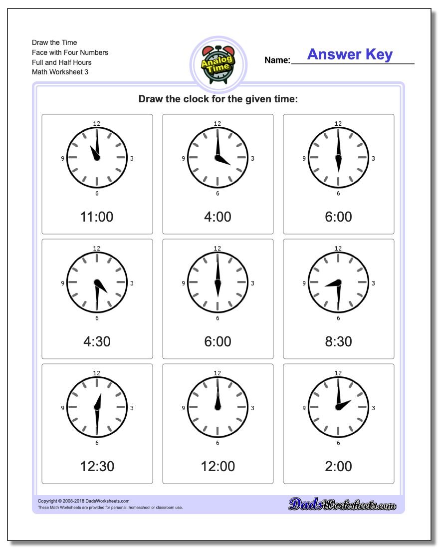 Draw the Time Face with Four Numbers Full and Half Hours Worksheet