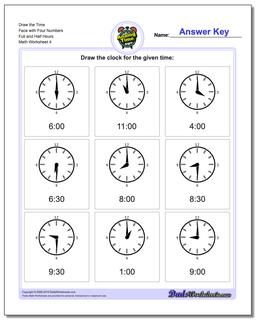 Draw the Time Face with Four Numbers Full and Half Hours Worksheet