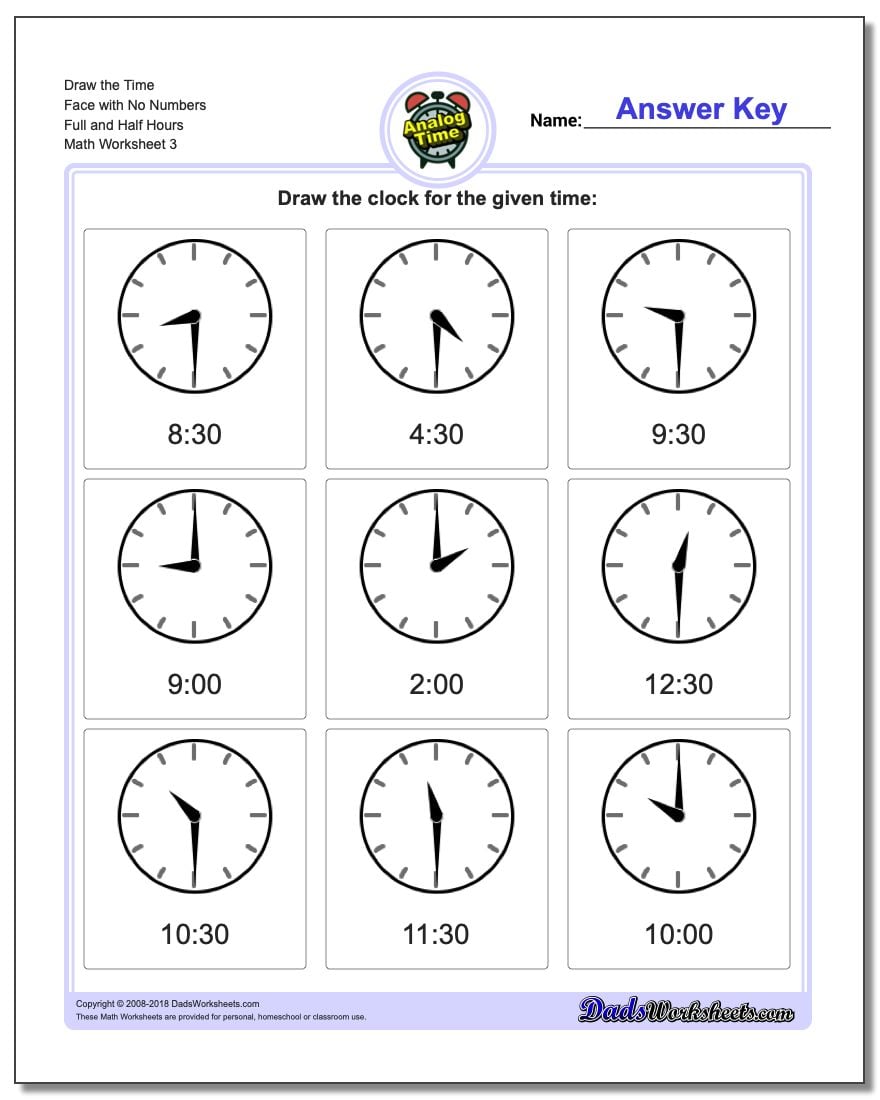 Draw the Time Face with No Numbers Full and Half Hours Worksheet