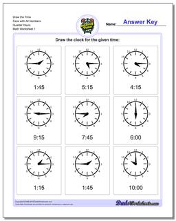 Telling Analog Time Draw the Face with All Numbers Quarter Hours Worksheet