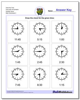 Draw the Time Face with All Numbers Quarter Hours Worksheet