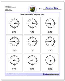 Draw the Time Face with Four Numbers Quarter Hours /worksheets/telling-analog-time.html Worksheet