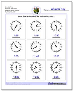 Draw the Time Face with All Numbers More Five Minute Intervals Worksheet