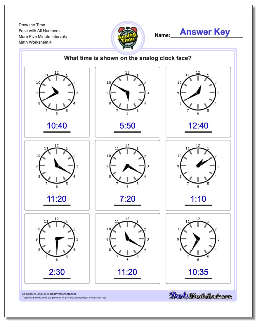 Draw the Time Face with All Numbers More Five Minute Intervals Worksheet