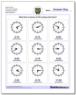 Telling Analog Time Draw the Face with All Numbers Five Minute Intervals Worksheet