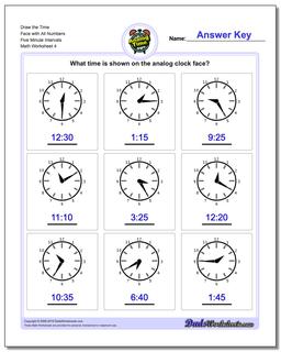 Draw the Time Face with All Numbers Five Minute Intervals Worksheet