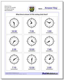 Telling Analog Time Write the Face with Four Numbers Five Minute Intervals Worksheet