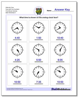 Write the Time Face with Four Numbers Five Minute Intervals Worksheet