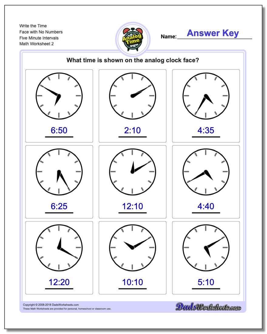 Write the Time Face with No Numbers Five Minute Intervals www.dadsworksheets.com/worksheets/telling-analog-time.html Worksheet