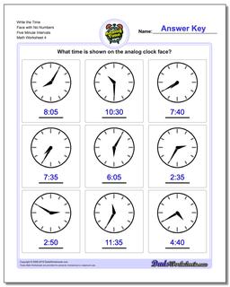 Write the Time Face with No Numbers Five Minute Intervals Worksheet