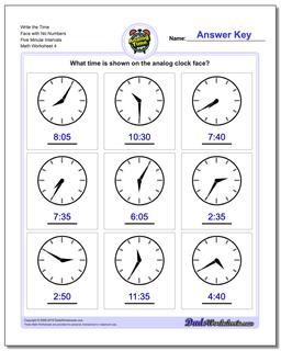 Write the Time Face with No Numbers Five Minute Intervals Worksheet