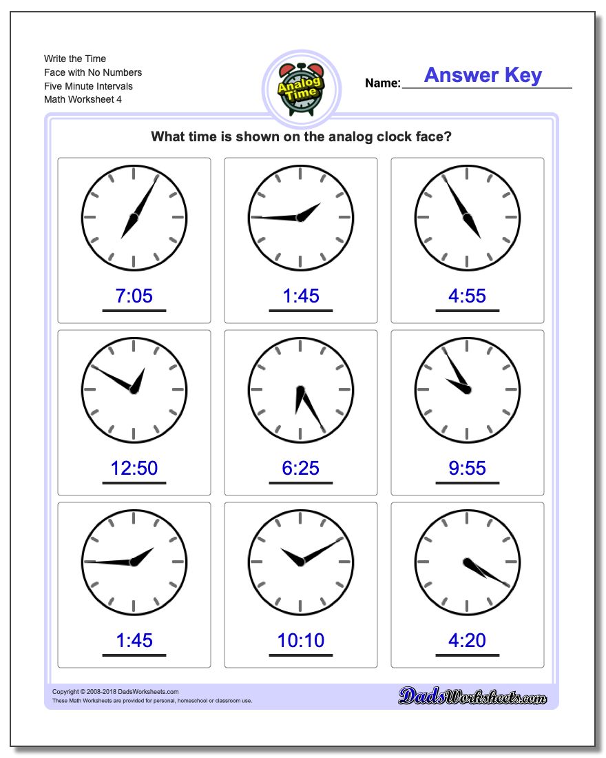 Write the Time Face with No Numbers Five Minute Intervals Worksheet