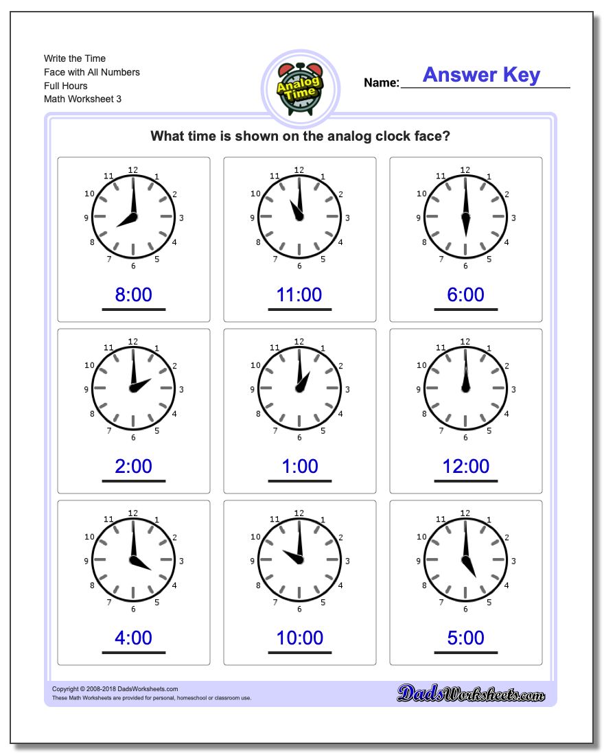 Write the Time Face with All Numbers Full Hours Worksheet