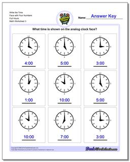 Write the Time Face with Four Numbers Full Hours Worksheet