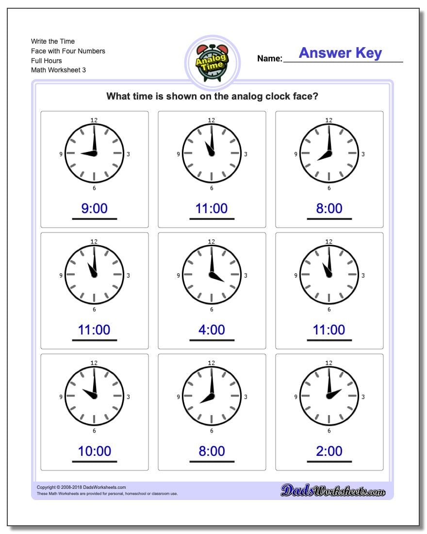 Write the Time Face with Four Numbers Full Hours Worksheet