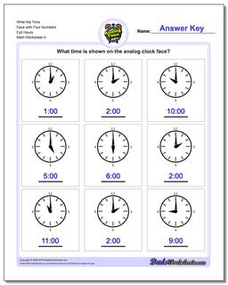 Write the Time Face with Four Numbers Full Hours Worksheet